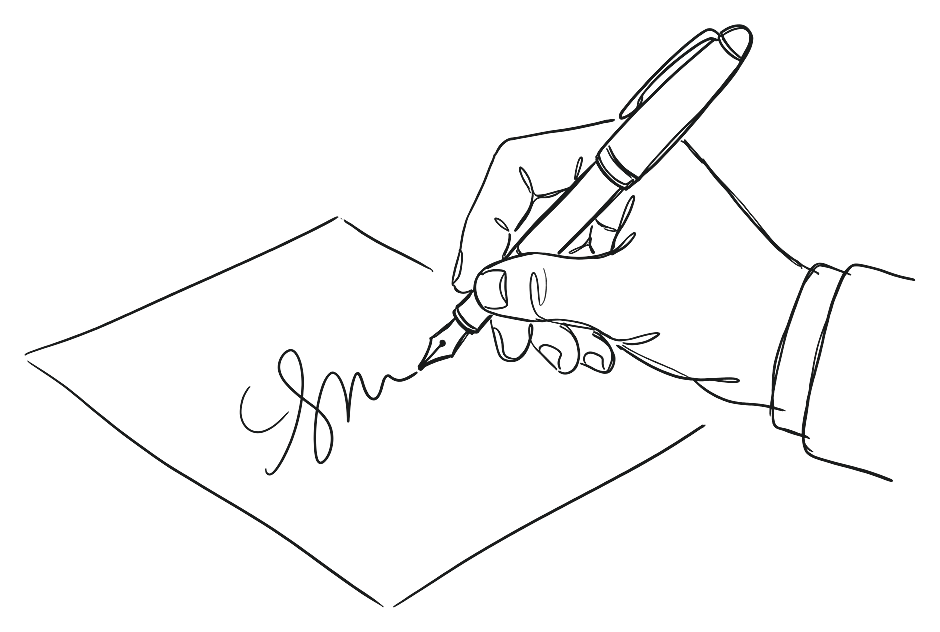 A hand signing a contract with a fountain pen